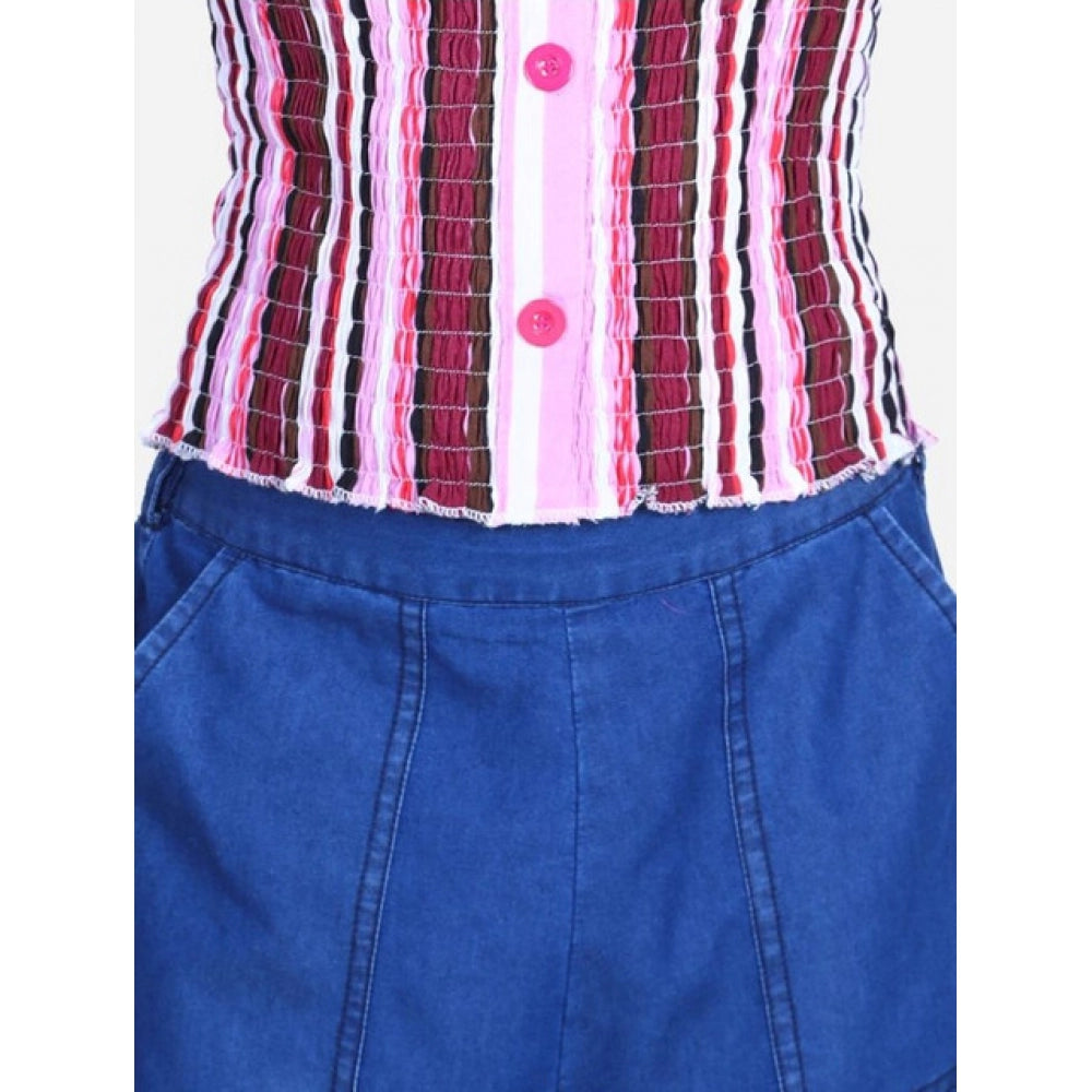 Generic Girl's Rayon Solid Bell Sleeve Top with Culottes (Purple-Blue)