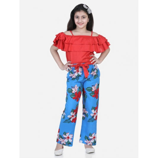 Generic Girl's Rayon Floral Short Sleeve Top and Trouser Set (Multicolor)