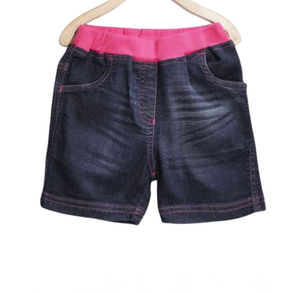 Generic Girl's Denim Ribbed Elasticated Shorts (Pink-Blue)
