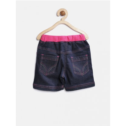 Generic Girl's Denim Ribbed Elasticated Shorts (Pink-Blue)