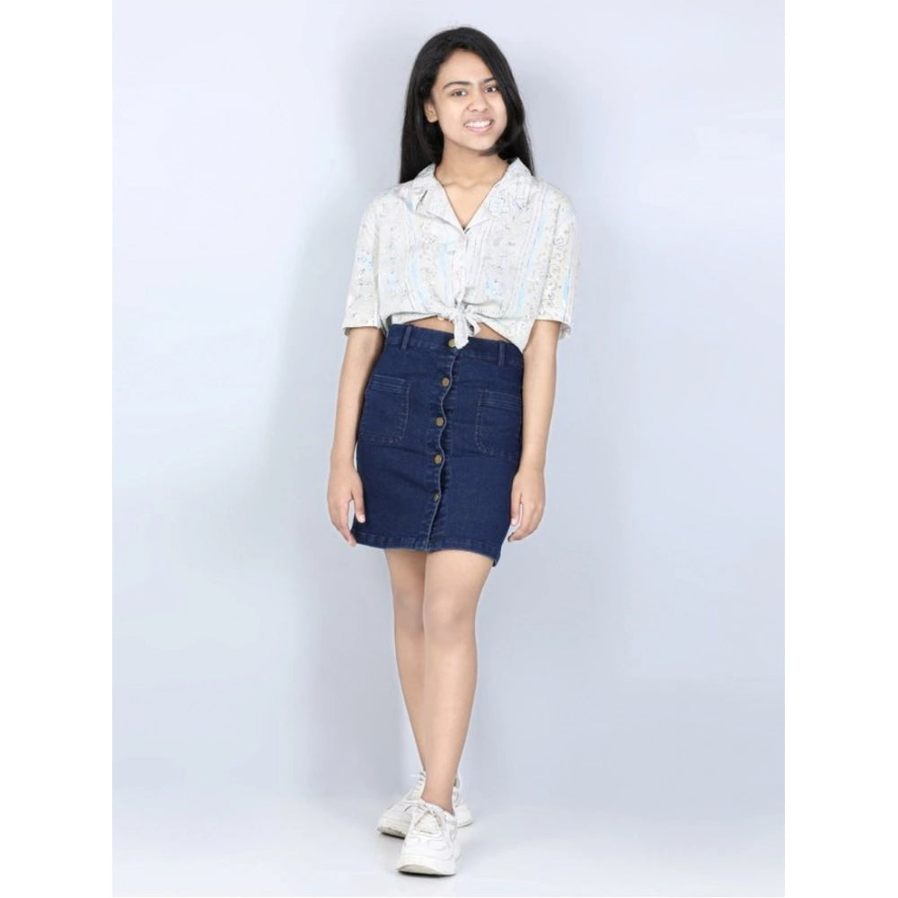 Generic Girl's Denim Solid Buttoned Skirt (Navy Blue)
