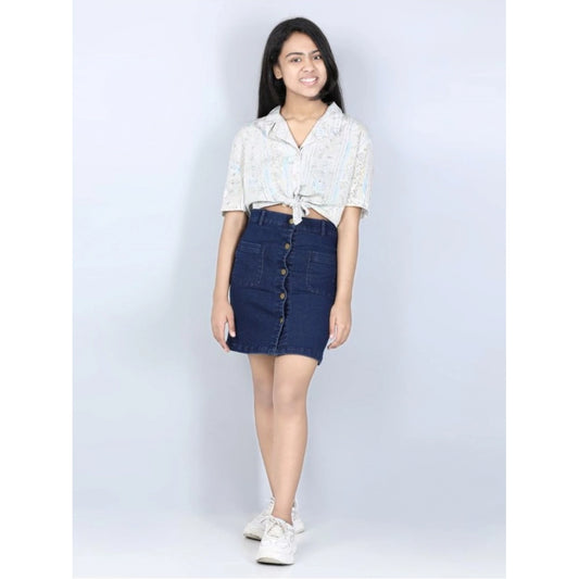 Generic Girl's Denim Solid Buttoned Skirt (Navy Blue)