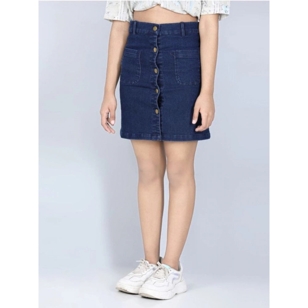Generic Girl's Denim Solid Buttoned Skirt (Navy Blue)