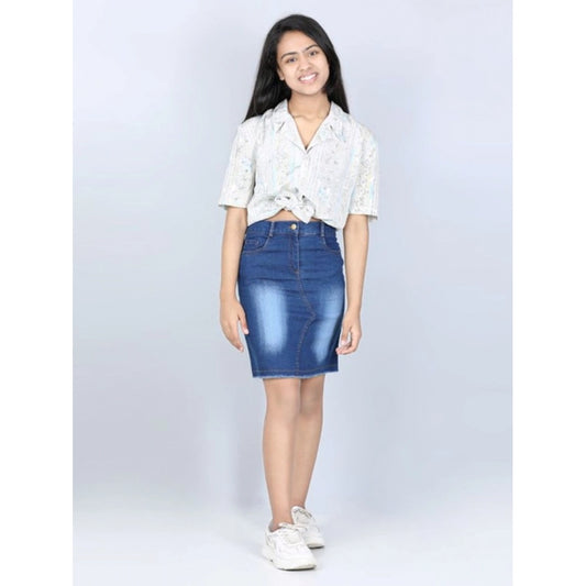 Generic Girl's Denim Solid Buttoned Skirt (Blue)