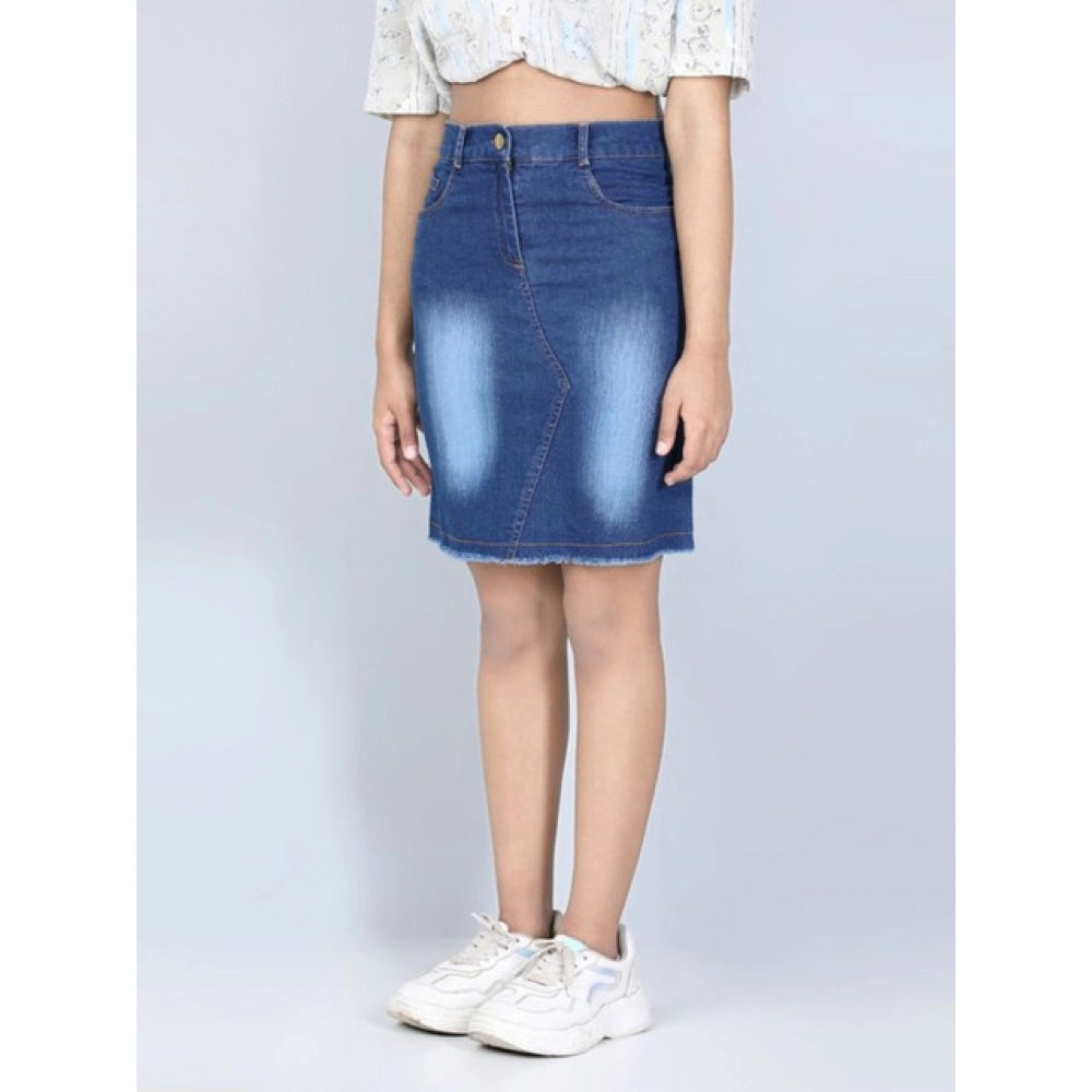 Generic Girl's Denim Solid Buttoned Skirt (Blue)
