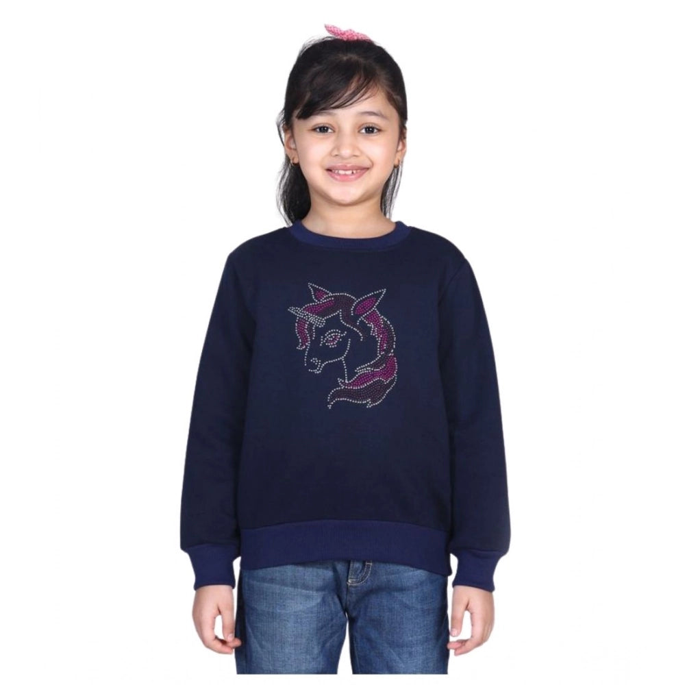Generic Girl's Fleece Embellished Long Sleeves Sweatshirt (Navy Blue)