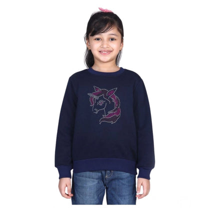 Generic Girl's Fleece Embellished Long Sleeves Sweatshirt (Navy Blue)