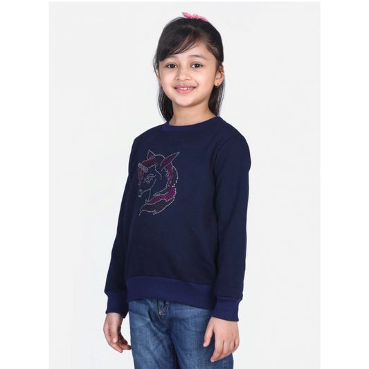 Generic Girl's Fleece Embellished Long Sleeves Sweatshirt (Navy Blue)