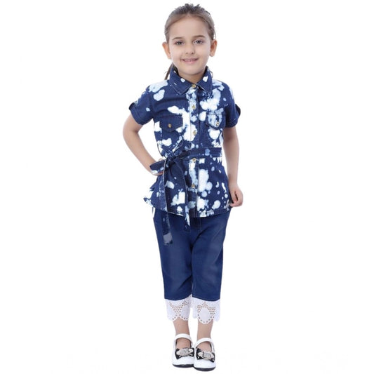Generic Girl's Denim Tie &amp; Dye Short Sleeve Top (Blue-White)