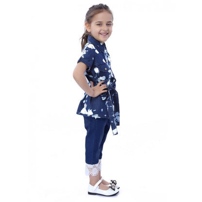 Generic Girl's Denim Tie &amp; Dye Short Sleeve Top (Blue-White)