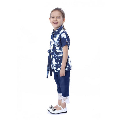 Generic Girl's Denim Tie &amp; Dye Short Sleeve Top (Blue-White)