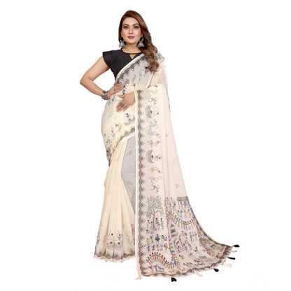 Generic Women's Linen Cotton Printed Saree With Unstitched Blouse 5.5Mtr (Off White)