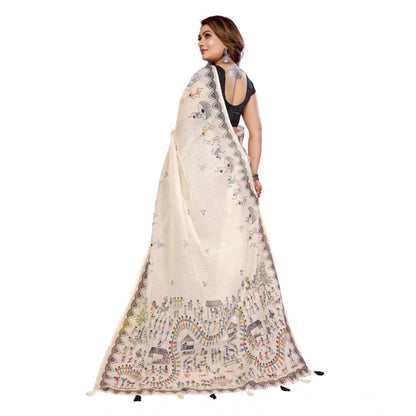 Generic Women's Linen Cotton Printed Saree With Unstitched Blouse 5.5Mtr (Off White)