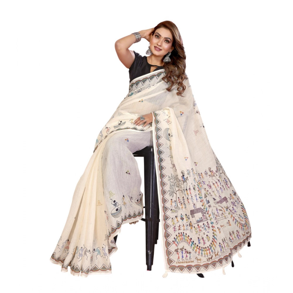 Generic Women's Linen Cotton Printed Saree With Unstitched Blouse 5.5Mtr (Off White)