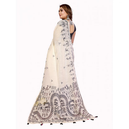 Generic Women's Linen Cotton Printed Saree With Unstitched Blouse 5.5Mtr (Off White)