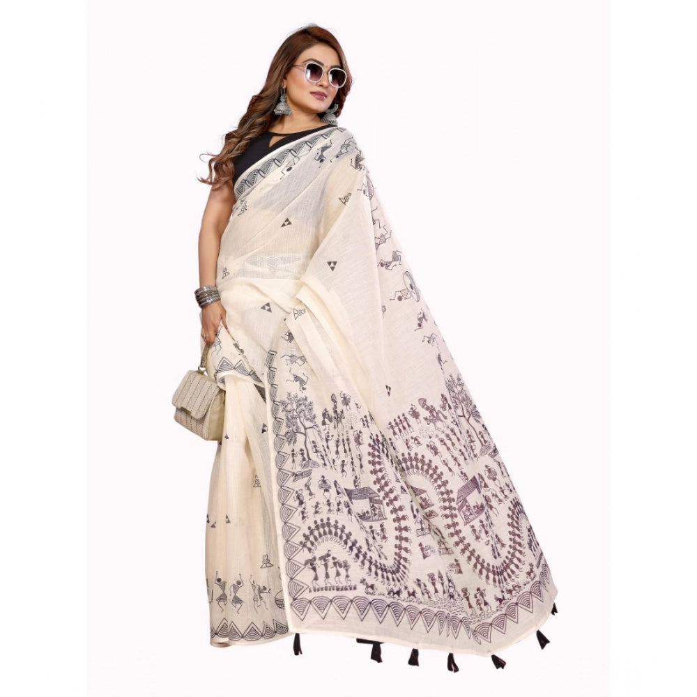 Generic Women's Linen Cotton Printed Saree With Unstitched Blouse 5.5Mtr (Off White)