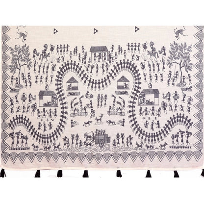Generic Women's Linen Cotton Printed Saree With Unstitched Blouse 5.5Mtr (Off White)