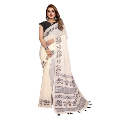 Generic Women's Linen Cotton Printed Saree With Unstitched Blouse 5.5Mtr (Off White)