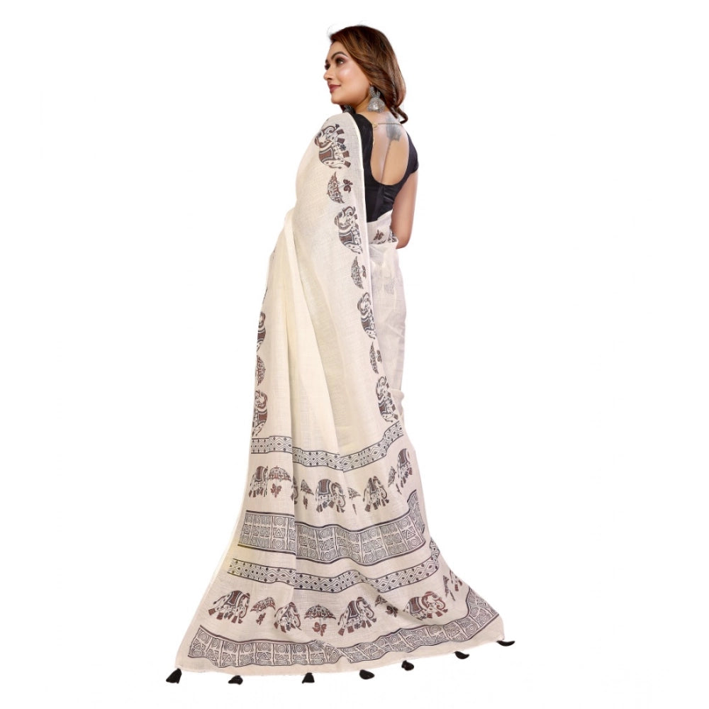 Generic Women's Linen Cotton Printed Saree With Unstitched Blouse 5.5Mtr (Off White)
