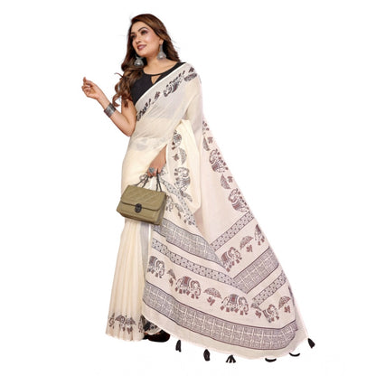Generic Women's Linen Cotton Printed Saree With Unstitched Blouse 5.5Mtr (Off White)