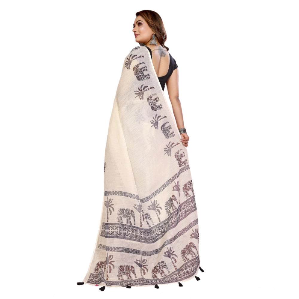Generic Women's Linen Cotton Printed Saree With Unstitched Blouse 5.5Mtr (Off White)