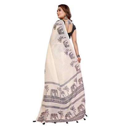 Generic Women's Linen Cotton Printed Saree With Unstitched Blouse 5.5Mtr (Off White)