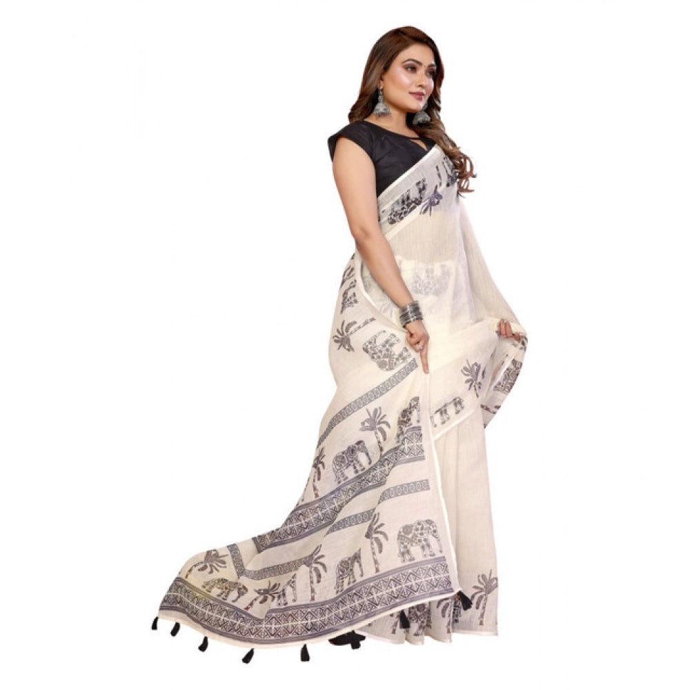 Generic Women's Linen Cotton Printed Saree With Unstitched Blouse 5.5Mtr (Off White)