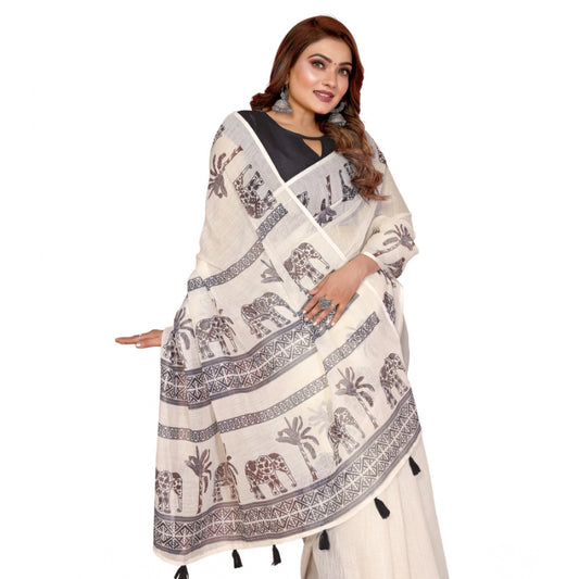 Generic Women's Linen Cotton Printed Saree With Unstitched Blouse 5.5Mtr (Off White)