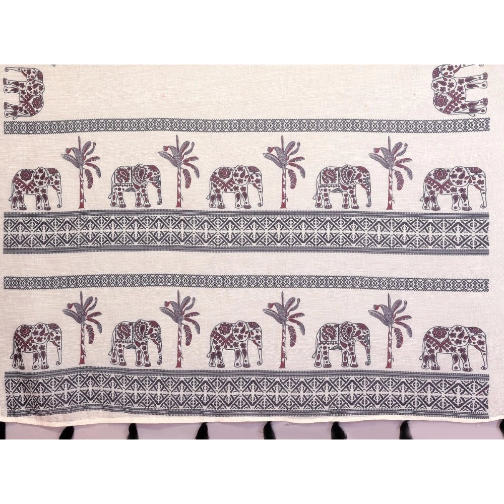 Generic Women's Linen Cotton Printed Saree With Unstitched Blouse 5.5Mtr (Off White)