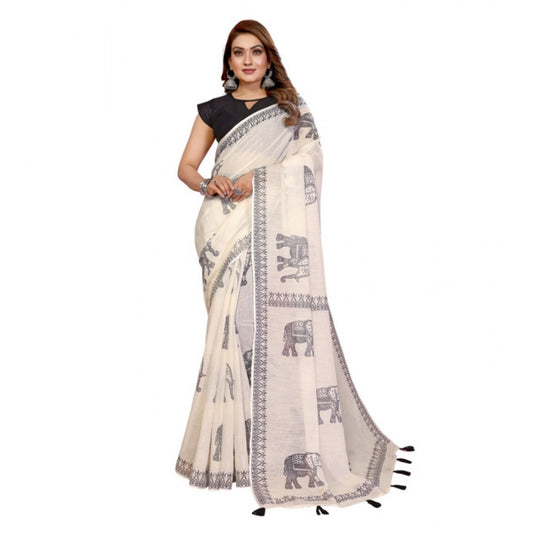 Generic Women's Linen Cotton Printed Saree With Unstitched Blouse 5.5Mtr (Off White)