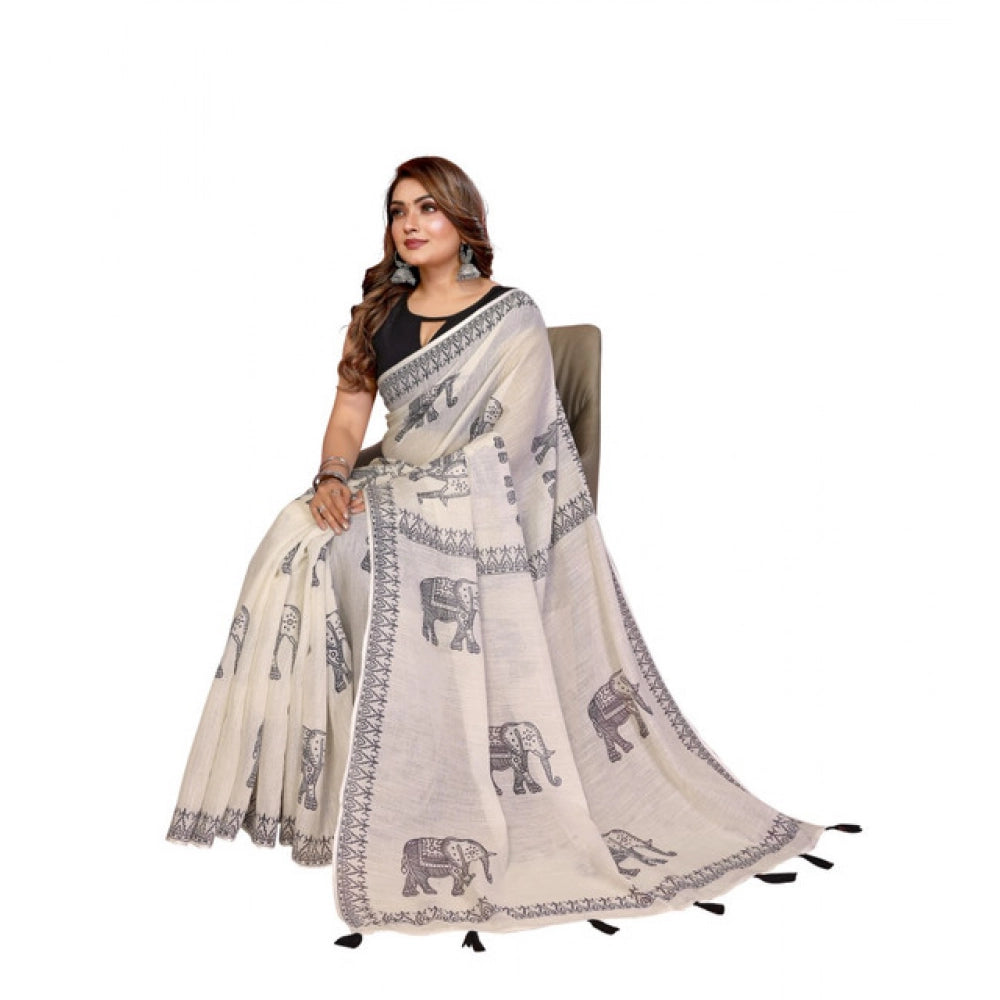 Generic Women's Linen Cotton Printed Saree With Unstitched Blouse 5.5Mtr (Off White)