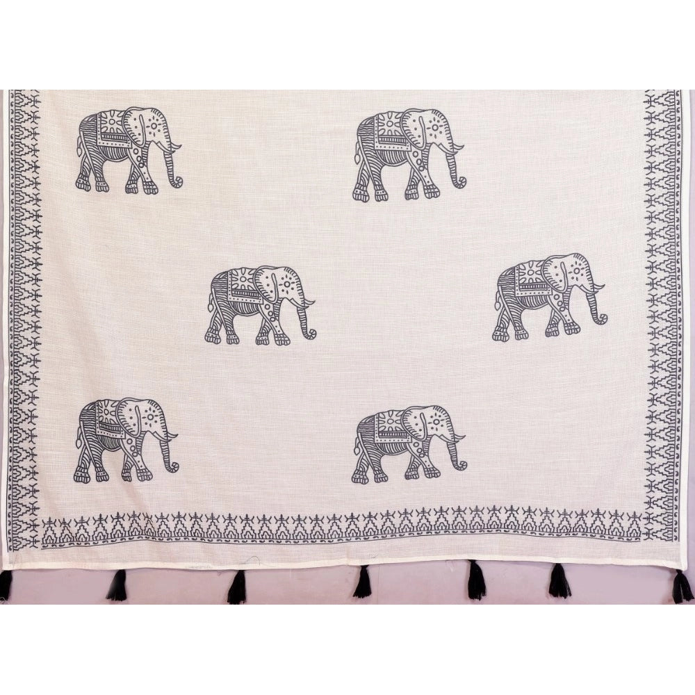 Generic Women's Linen Cotton Printed Saree With Unstitched Blouse 5.5Mtr (Off White)