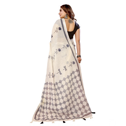 Generic Women's Linen Cotton Printed Saree With Unstitched Blouse 5.5Mtr (Off White)