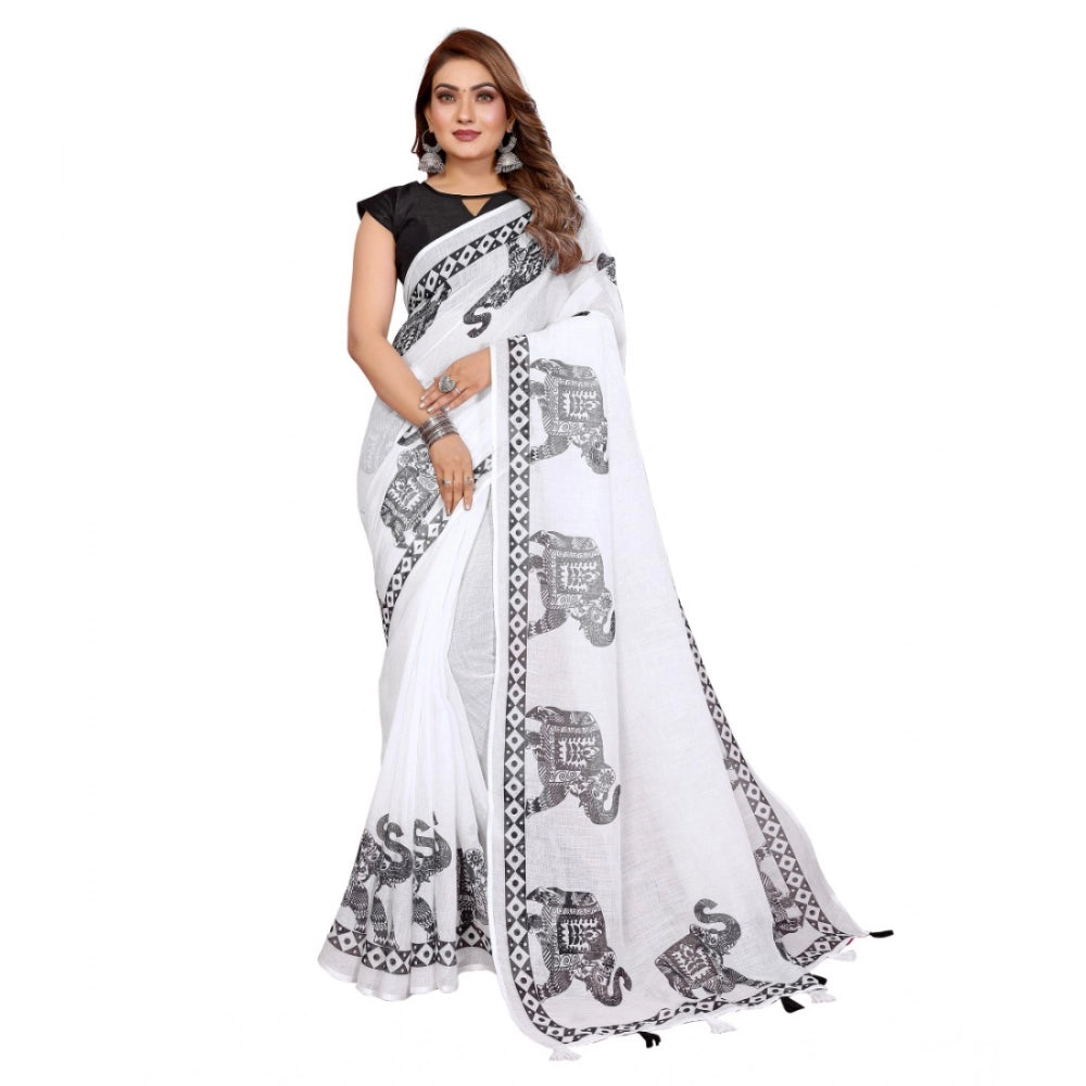 Generic Women's Linen Cotton Printed Saree With Unstitched Blouse 5.5Mtr (White)
