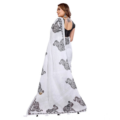 Generic Women's Linen Cotton Printed Saree With Unstitched Blouse 5.5Mtr (White)