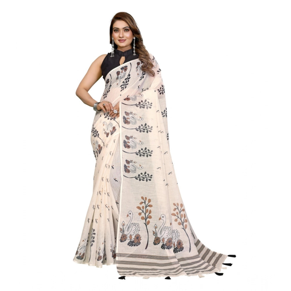 Generic Women's Linen Cotton Printed Saree With Unstitched Blouse 5.5Mtr (Off White)