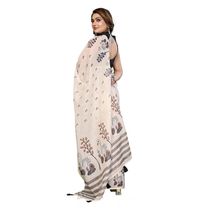 Generic Women's Linen Cotton Printed Saree With Unstitched Blouse 5.5Mtr (Off White)