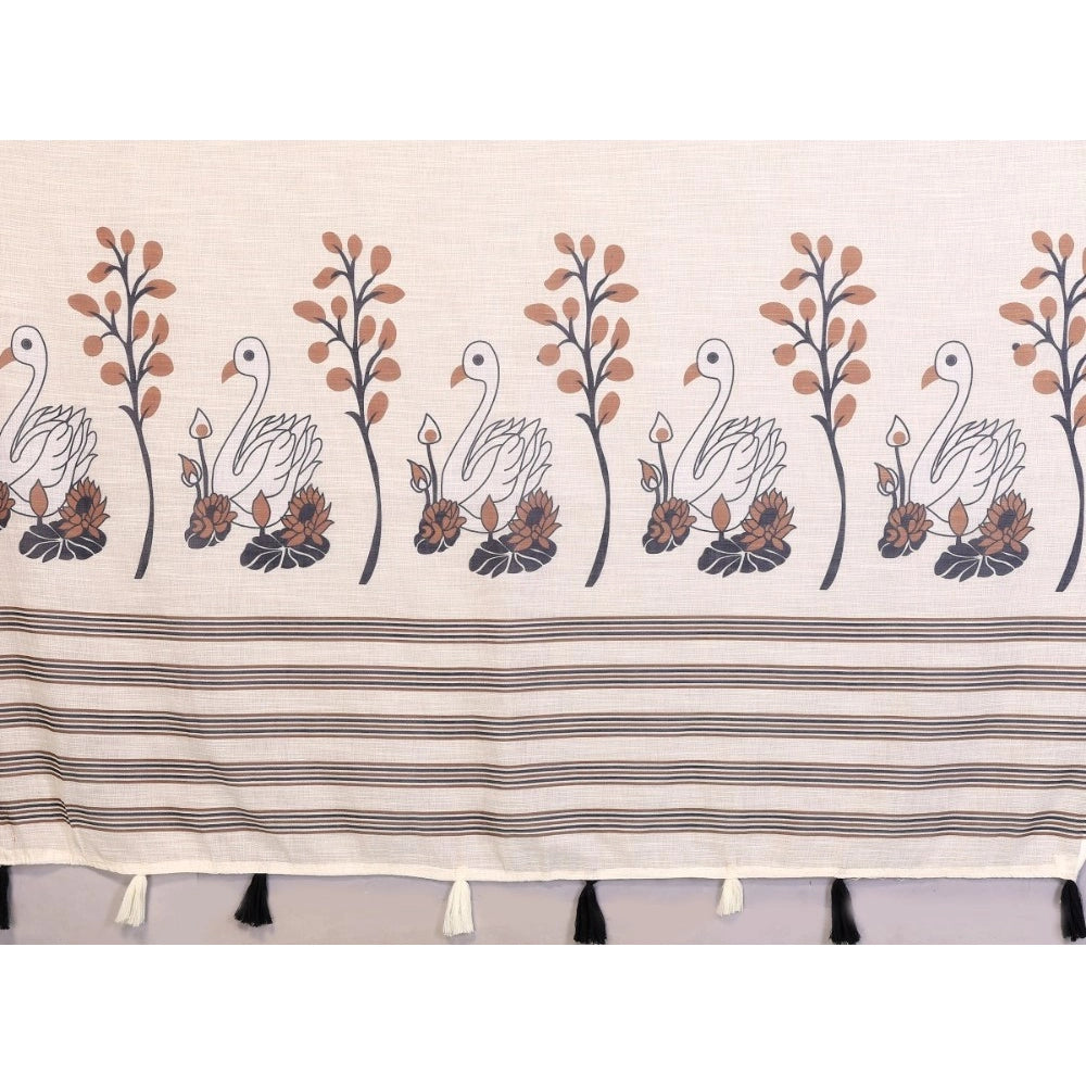 Generic Women's Linen Cotton Printed Saree With Unstitched Blouse 5.5Mtr (Off White)