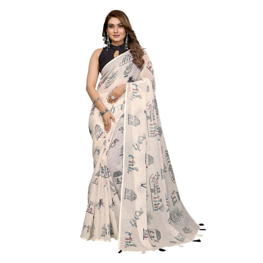 Generic Women's Linen Cotton Printed Saree With Unstitched Blouse 5.5Mtr (Off White)
