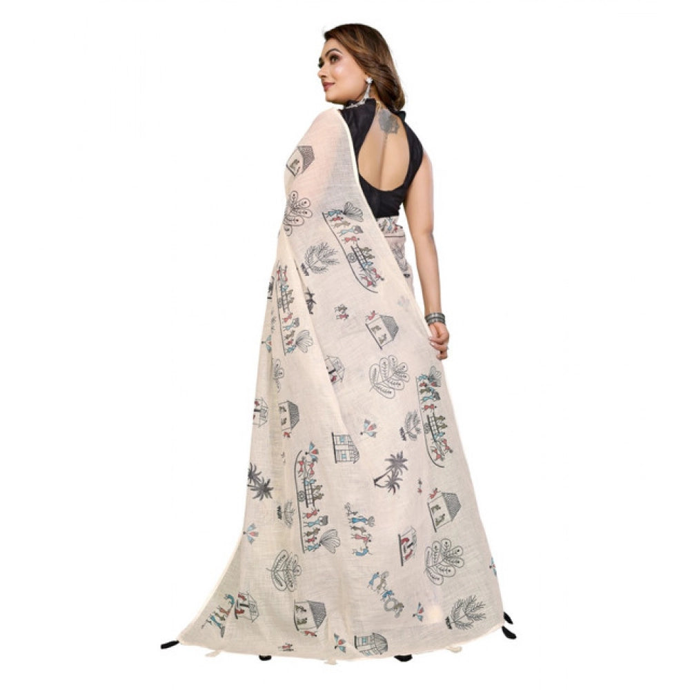 Generic Women's Linen Cotton Printed Saree With Unstitched Blouse 5.5Mtr (Off White)