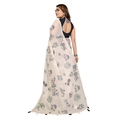 Generic Women's Linen Cotton Printed Saree With Unstitched Blouse 5.5Mtr (Off White)