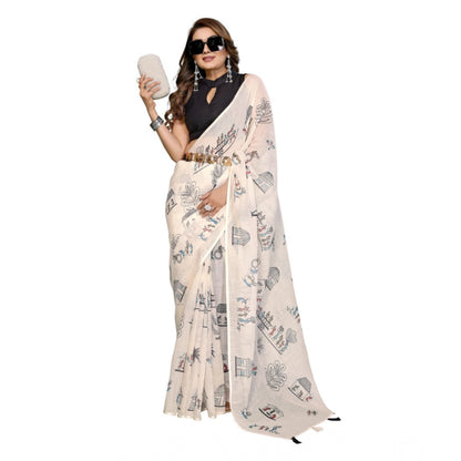 Generic Women's Linen Cotton Printed Saree With Unstitched Blouse 5.5Mtr (Off White)