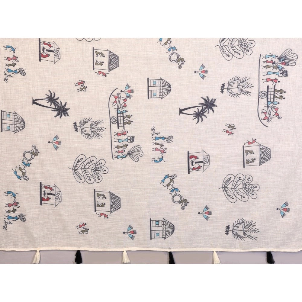 Generic Women's Linen Cotton Printed Saree With Unstitched Blouse 5.5Mtr (Off White)