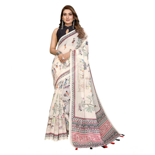 Generic Women's Linen Cotton Printed Saree With Unstitched Blouse 5.5Mtr (Off White)