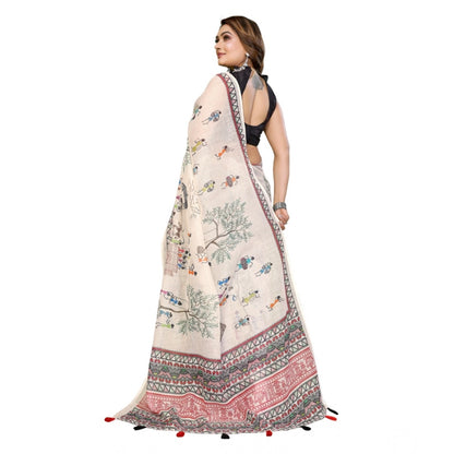 Generic Women's Linen Cotton Printed Saree With Unstitched Blouse 5.5Mtr (Off White)