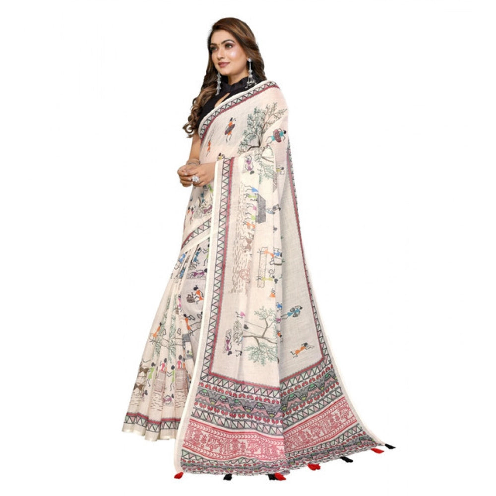 Generic Women's Linen Cotton Printed Saree With Unstitched Blouse 5.5Mtr (Off White)