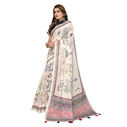 Generic Women's Linen Cotton Printed Saree With Unstitched Blouse 5.5Mtr (Off White)