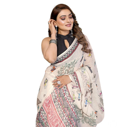 Generic Women's Linen Cotton Printed Saree With Unstitched Blouse 5.5Mtr (Off White)