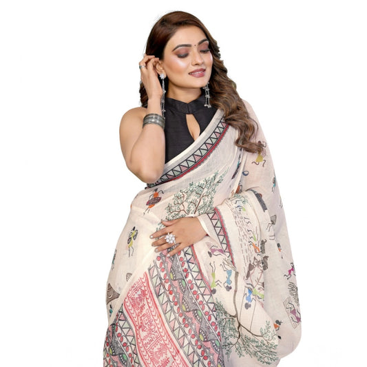Generic Women's Linen Cotton Printed Saree With Unstitched Blouse 5.5Mtr (Off White)