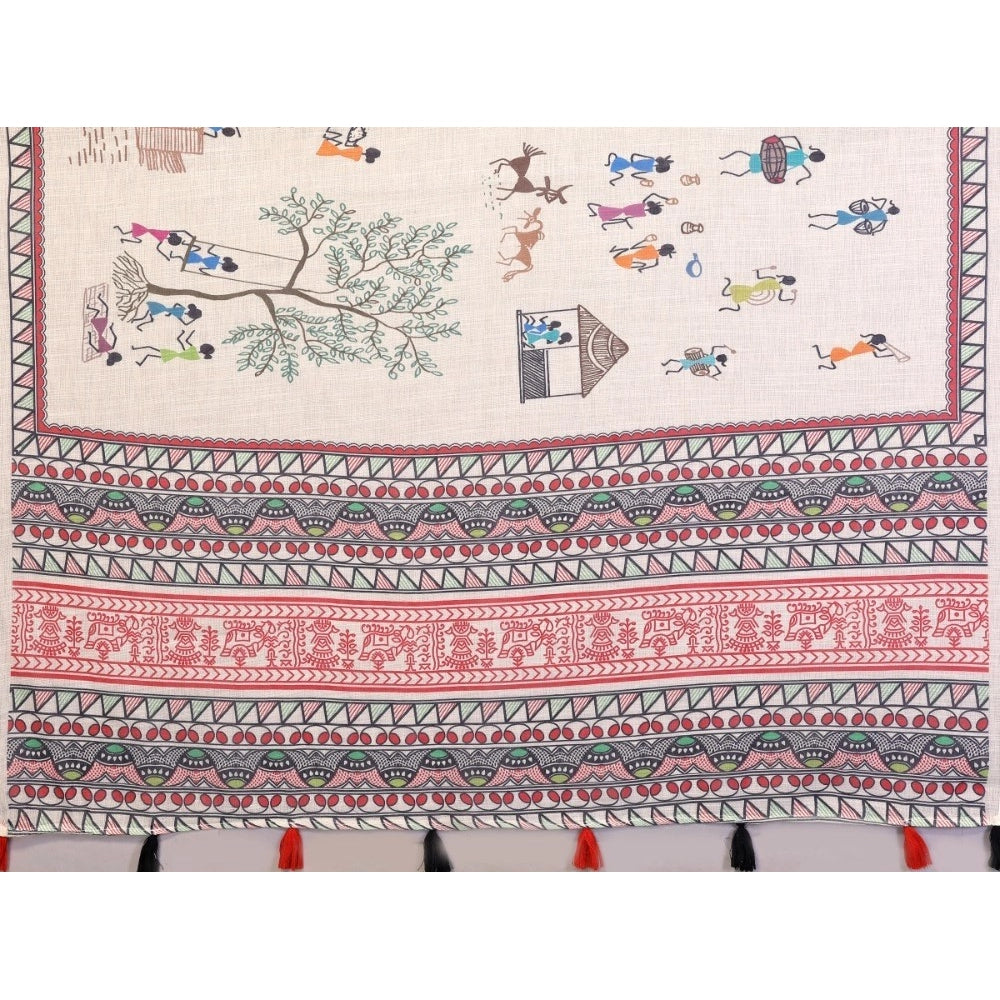 Generic Women's Linen Cotton Printed Saree With Unstitched Blouse 5.5Mtr (Off White)